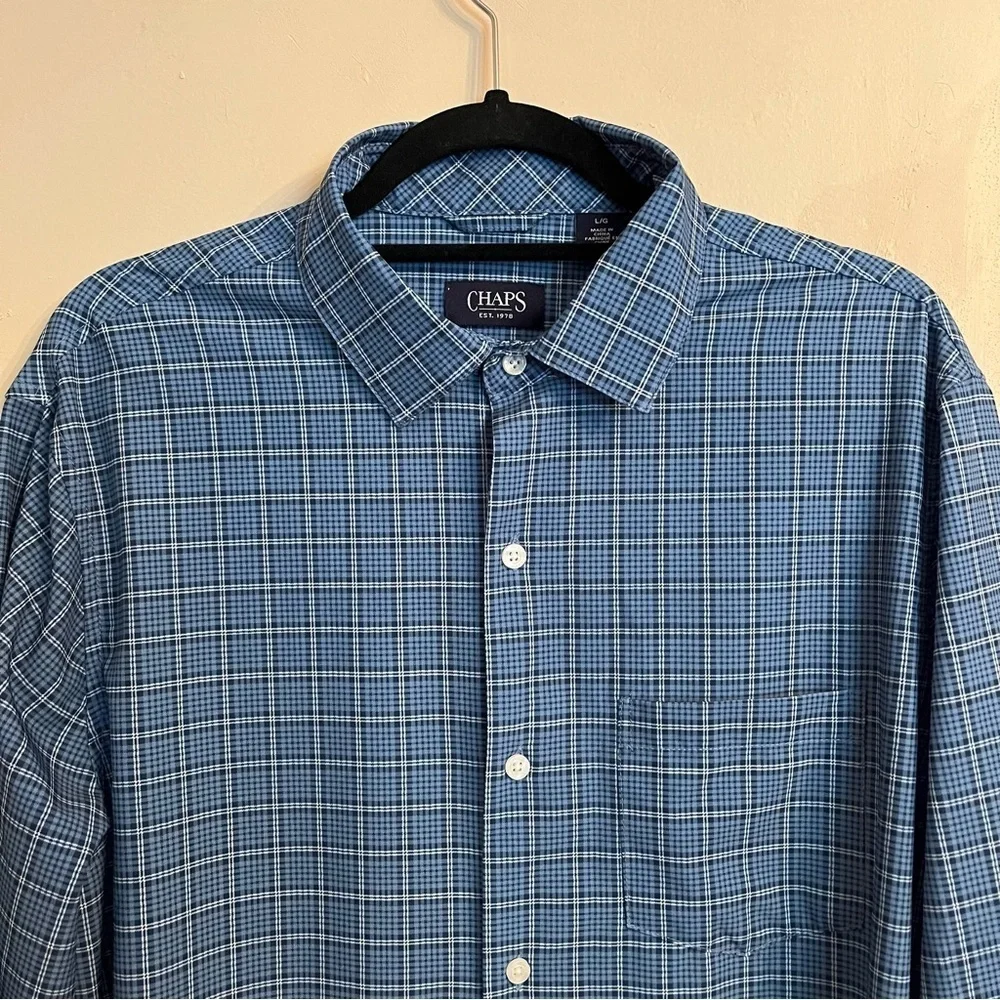 Chaps Everyday Performance Button Down Long Sleeve Blue Plaid Size L